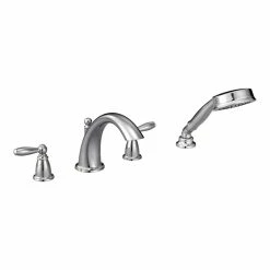 Moen Brantford 2-Handle Deck Mount Roman Tub Faucet Trim Kit, Valve Required Including Single Function Handshower, Chrome