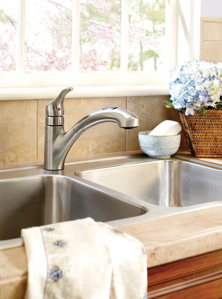 Moen® Renzo Single Handle Low Arc Pull Out Kitchen Faucet, Chrome 4 Moen® Renzo Single Handle Low Arc Pull Out Kitchen Faucet, Chrome - Image 4