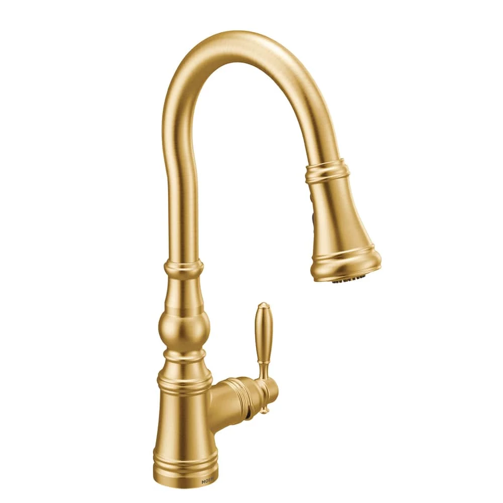 Moen® Weymouth Single Handle High Arc Pull Down Sprayer Kitchen Faucet With Power Boost, Brushed Gold 1 Moen® Weymouth Single Handle High Arc Pull Down Sprayer Kitchen Faucet With Power Boost, Brushed Gold